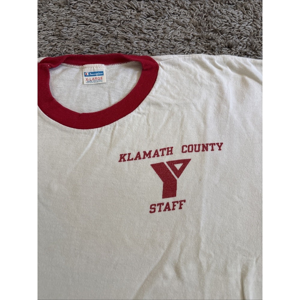 Vintage Champion T-Shirt Mens Medium White Red Ringer Klamath County YMCA Staff - Picture 2 of 10